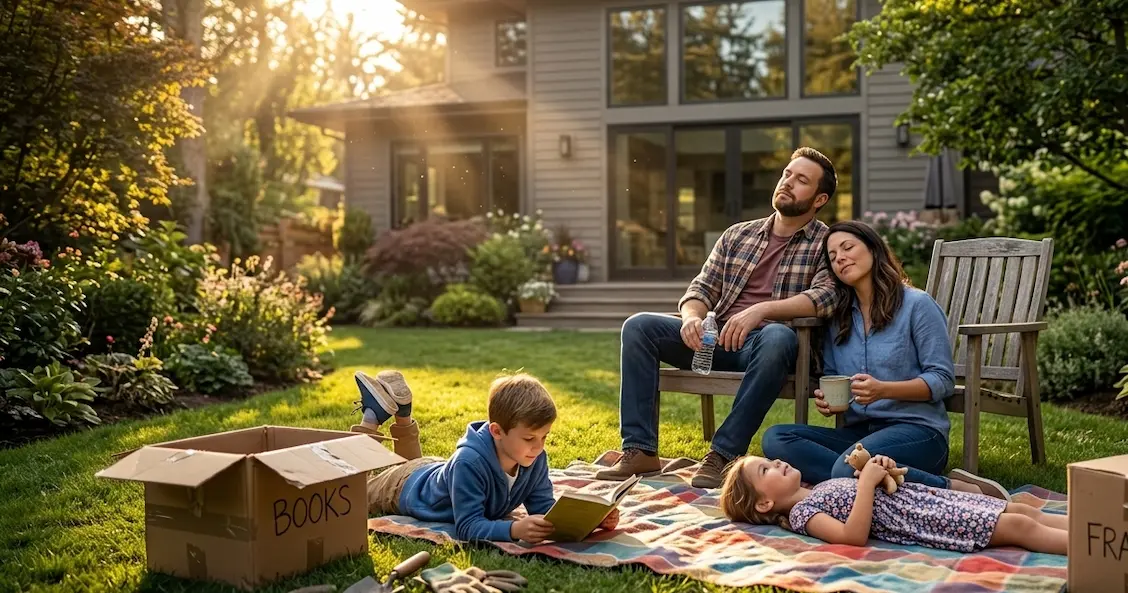 Relaxed family enjoying a stress-free move in their garden